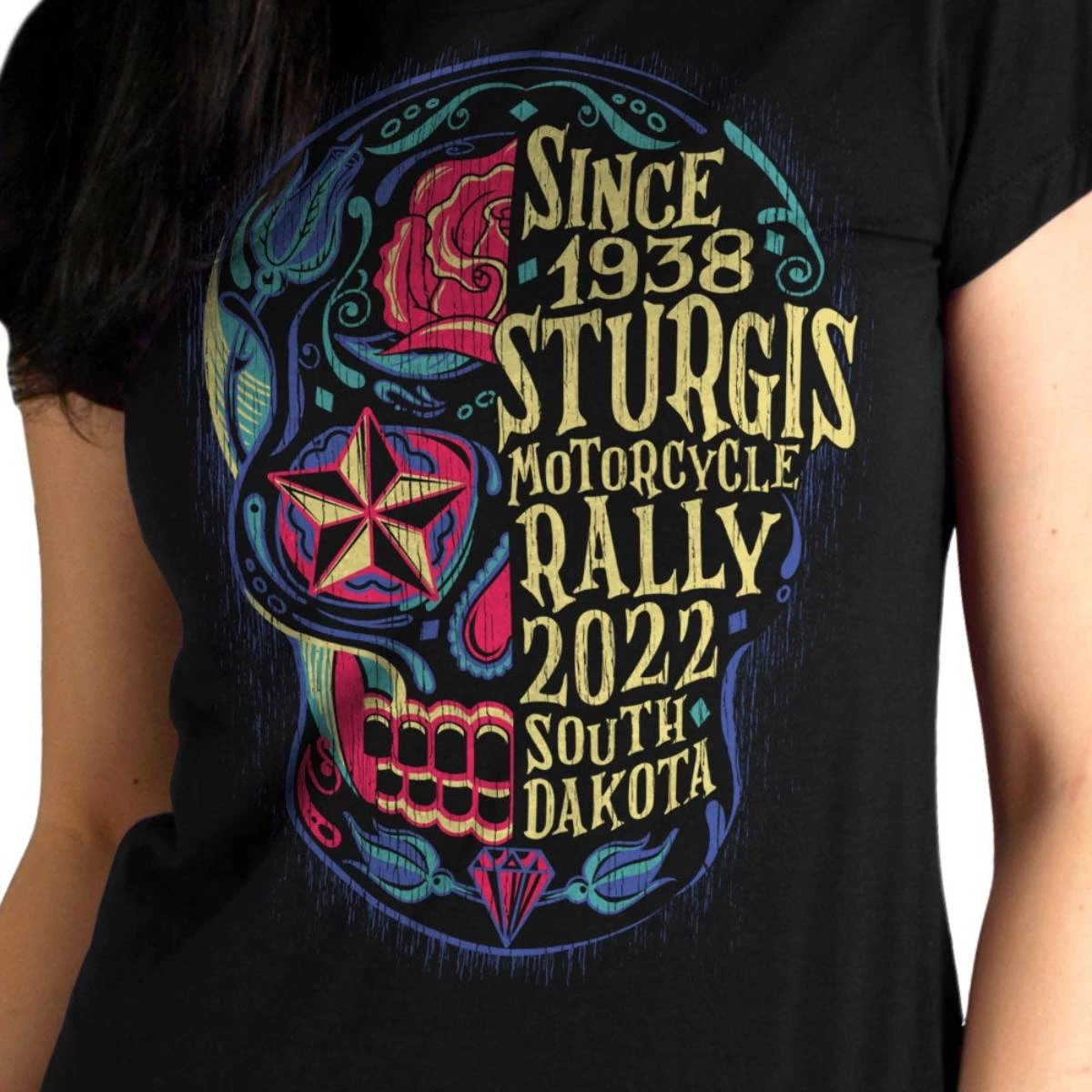 Hot Leathers Riding Gear 2022 Sturgis Motorcycle Rally SPL1794 Ladies Black Half Sugar Skull T Shirt