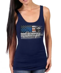 Hot Leathers Riding Gear Official 2021 Sturgis SPL2749 Ladies Motorcycle Rally Heartbeat Flag Navy Blue Tanktop
