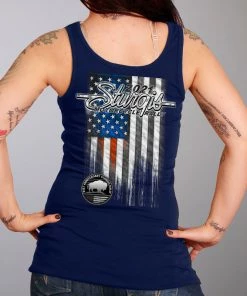 Hot Leathers Riding Gear Official 2021 Sturgis SPL2749 Ladies Motorcycle Rally Heartbeat Flag Navy Blue Tanktop