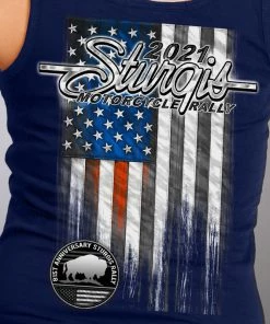 Hot Leathers Riding Gear Official 2021 Sturgis SPL2749 Ladies Motorcycle Rally Heartbeat Flag Navy Blue Tanktop