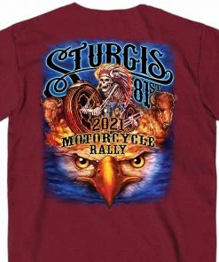 Hot Leathers Official 2021 Sturgis Motorcycle Rally SPM1943 Men’s Maroon #1 Design American Spirit T Shirt Riding Gear
