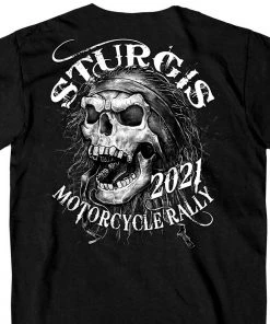 Hot Leathers Official 2021 Sturgis Motorcycle Rally SPM1961 Men’s Black Five Skulls T Shirt Riding Gear