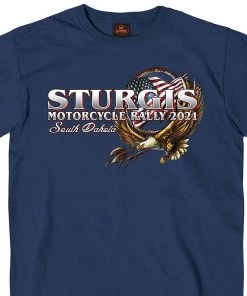 Hot Leathers Official 2021 Sturgis SPM1974 Men’s Motorcycle Rally Hoop Eagle Metro Blue T-Shirt Riding Gear