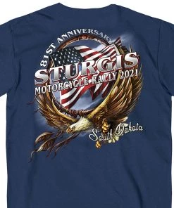 Hot Leathers Official 2021 Sturgis SPM1974 Men’s Motorcycle Rally Hoop Eagle Metro Blue T-Shirt Riding Gear