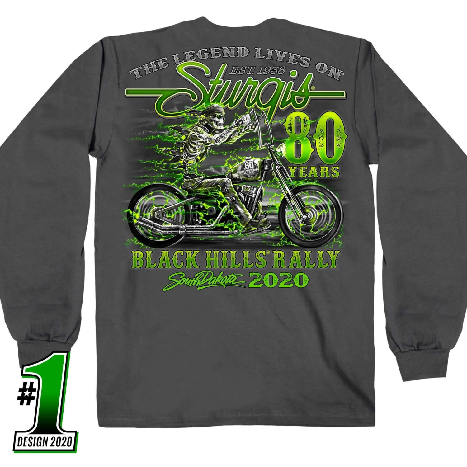 Hot Leathers Official Sturgis SPM2870 Men’s Motorcycle Rally #1 Design Skeleton Rider Charcoal Long Sleeve Shirt Riding Gear