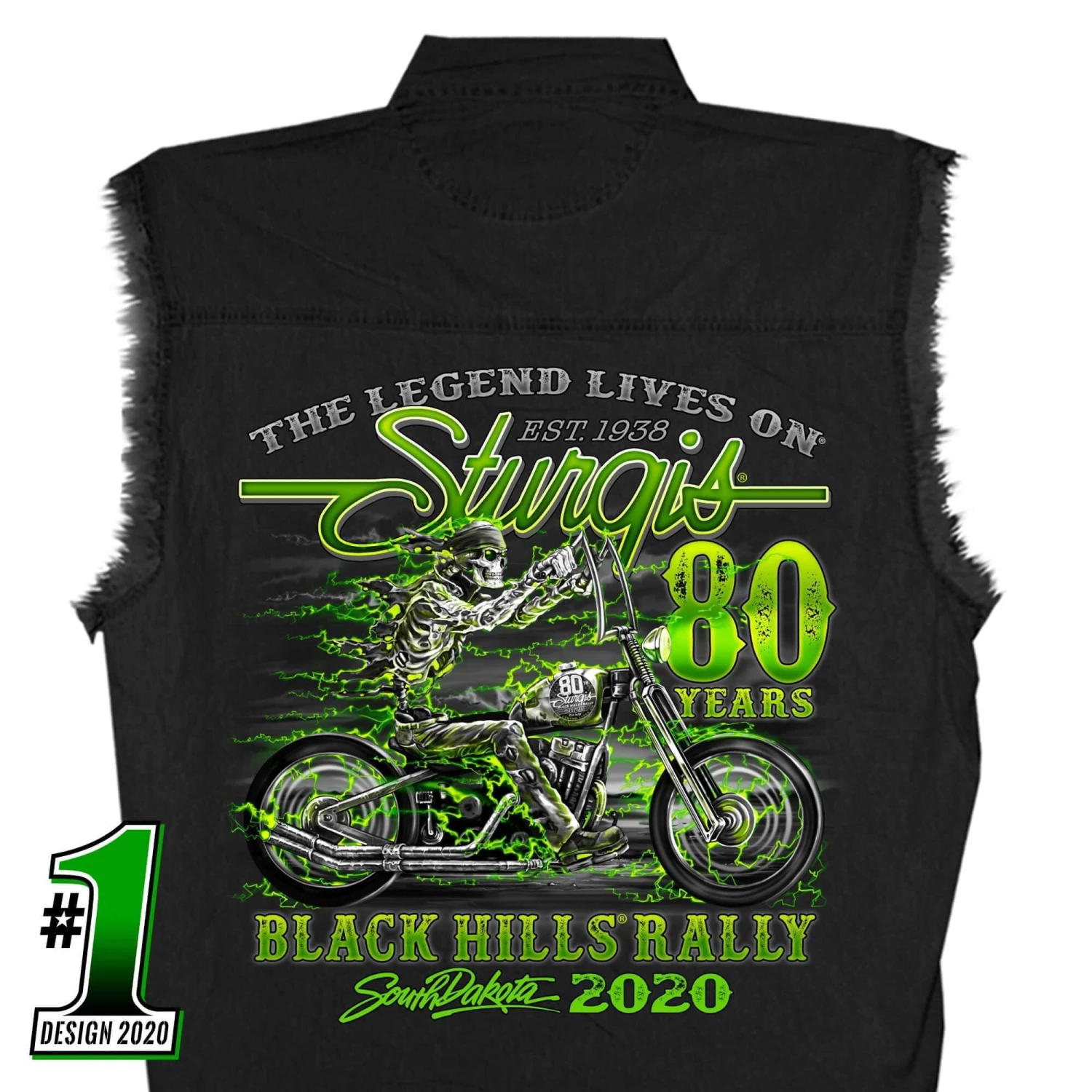 Hot Leathers Official Sturgis SPM5869 Men’s Motorcycle Rally #1 Design Skeleton Rider Black Denim Vest