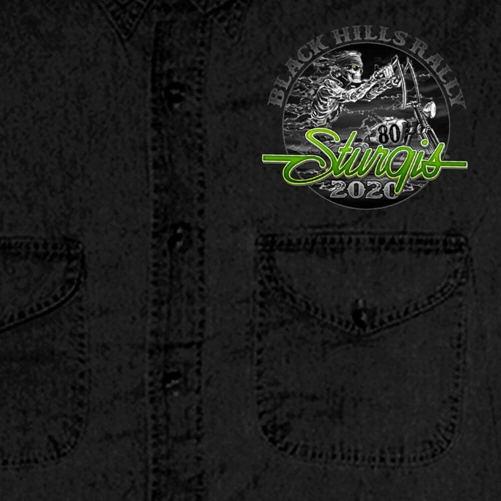 Hot Leathers Official Sturgis SPM5869 Men’s Motorcycle Rally #1 Design Skeleton Rider Black Denim Vest