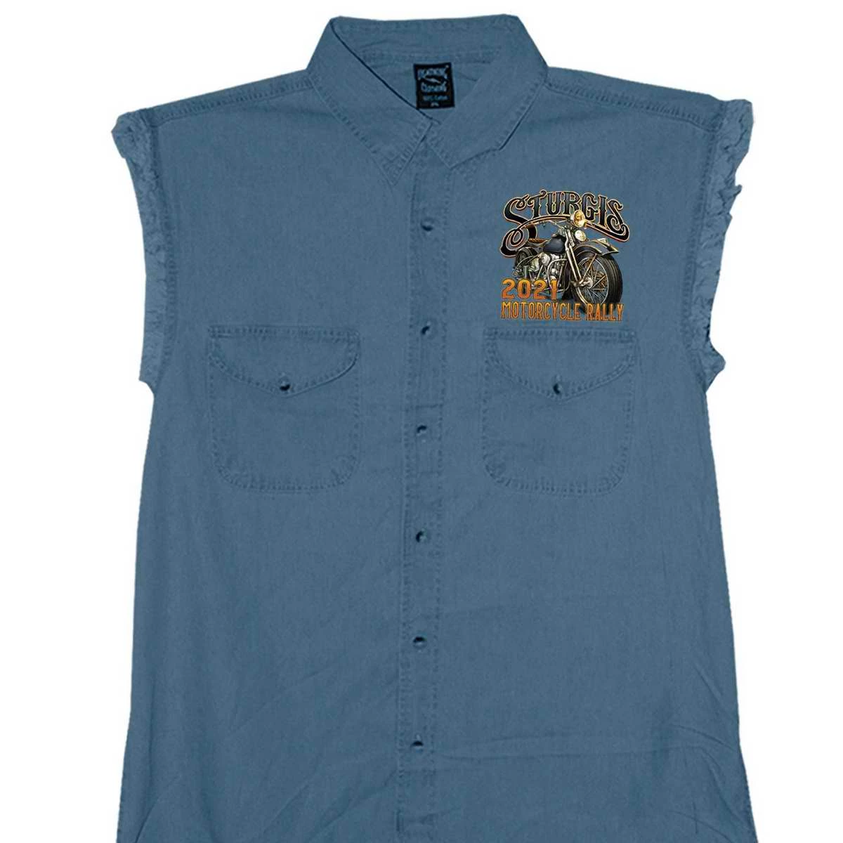 Hot Leathers Official 2021 Sturgis Motorcycle Rally SPM5977 Men’s Blue Rushmore Denim Shirt