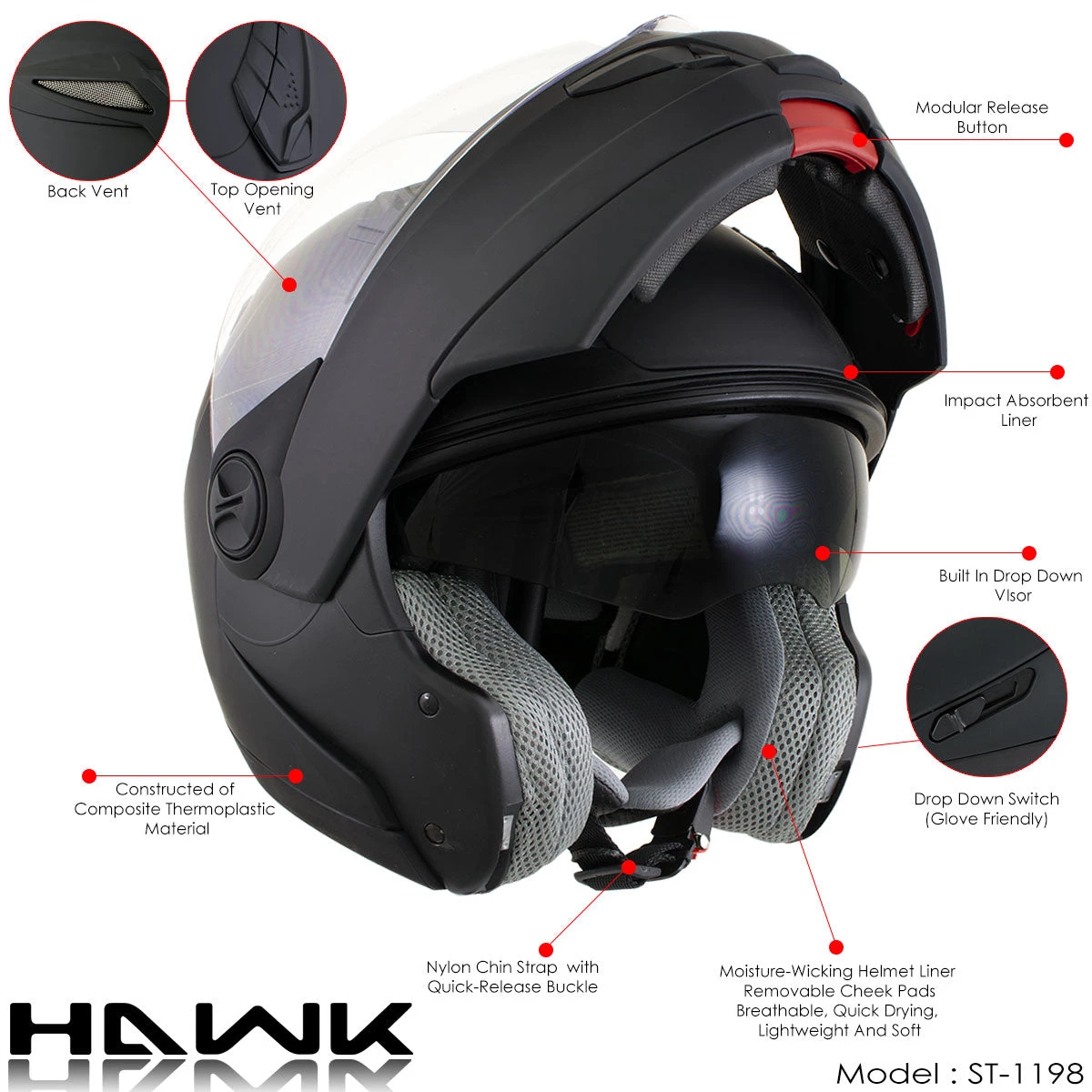 Hawk Helmets Hawk ST 1198 'Transition' 2 In 1 Glossy Black Modular Motorcycle Helmet