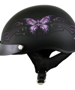 Hot Leathers T70'Purple Butterfly' Advanced DOT Flat Black Motorcycle Half Face Helmet