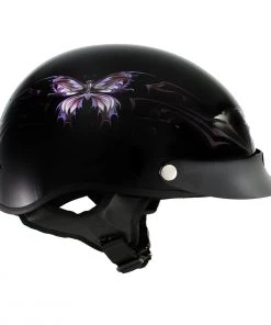 Outlaw Helmets Riding Gear Outlaw T70'Purple Butterfly' Advanced DOT Glossy Black Motorcycle Half Helmet