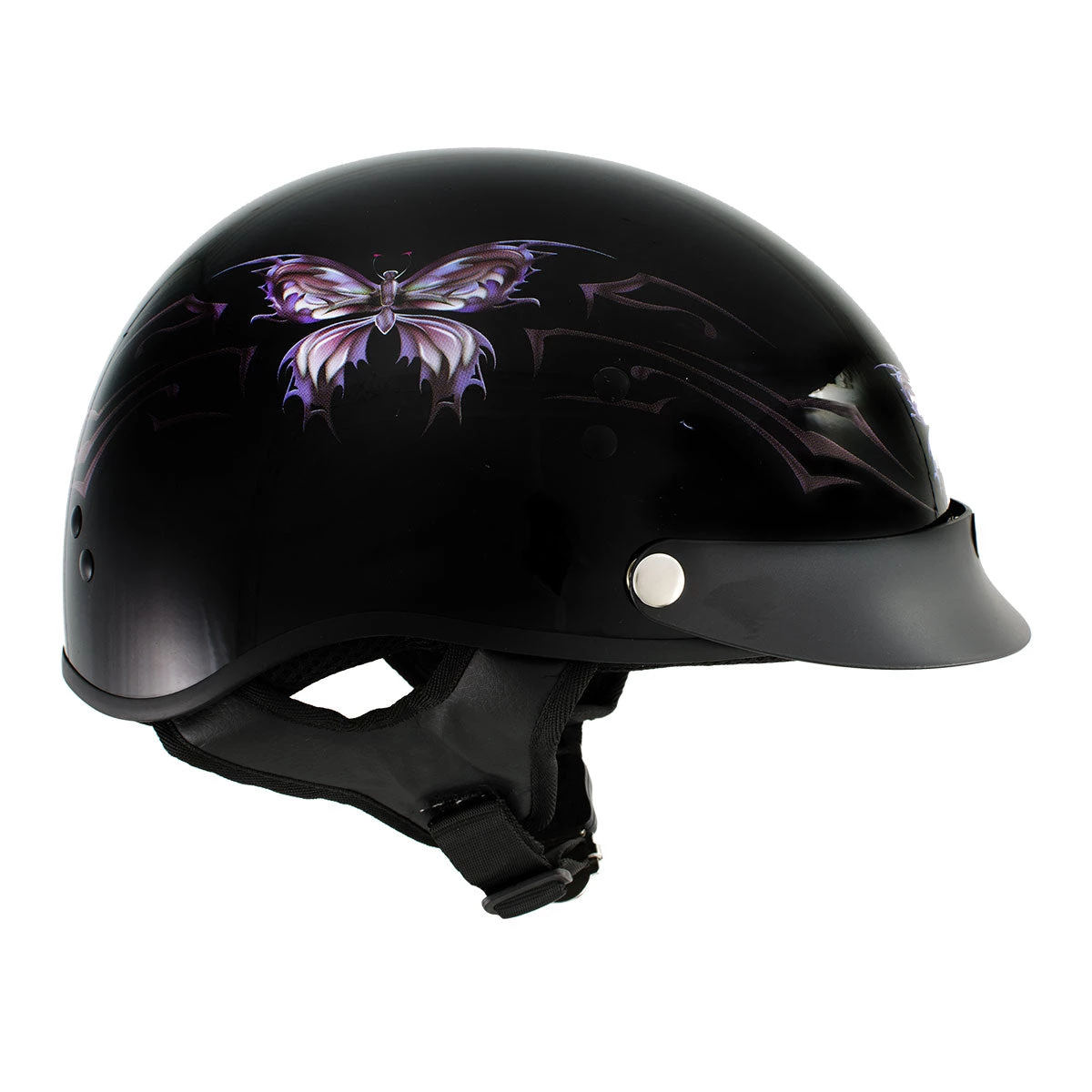 Outlaw Helmets Riding Gear Outlaw T70 'Purple Butterfly' Advanced DOT Glossy Black Motorcycle Half Helmet
