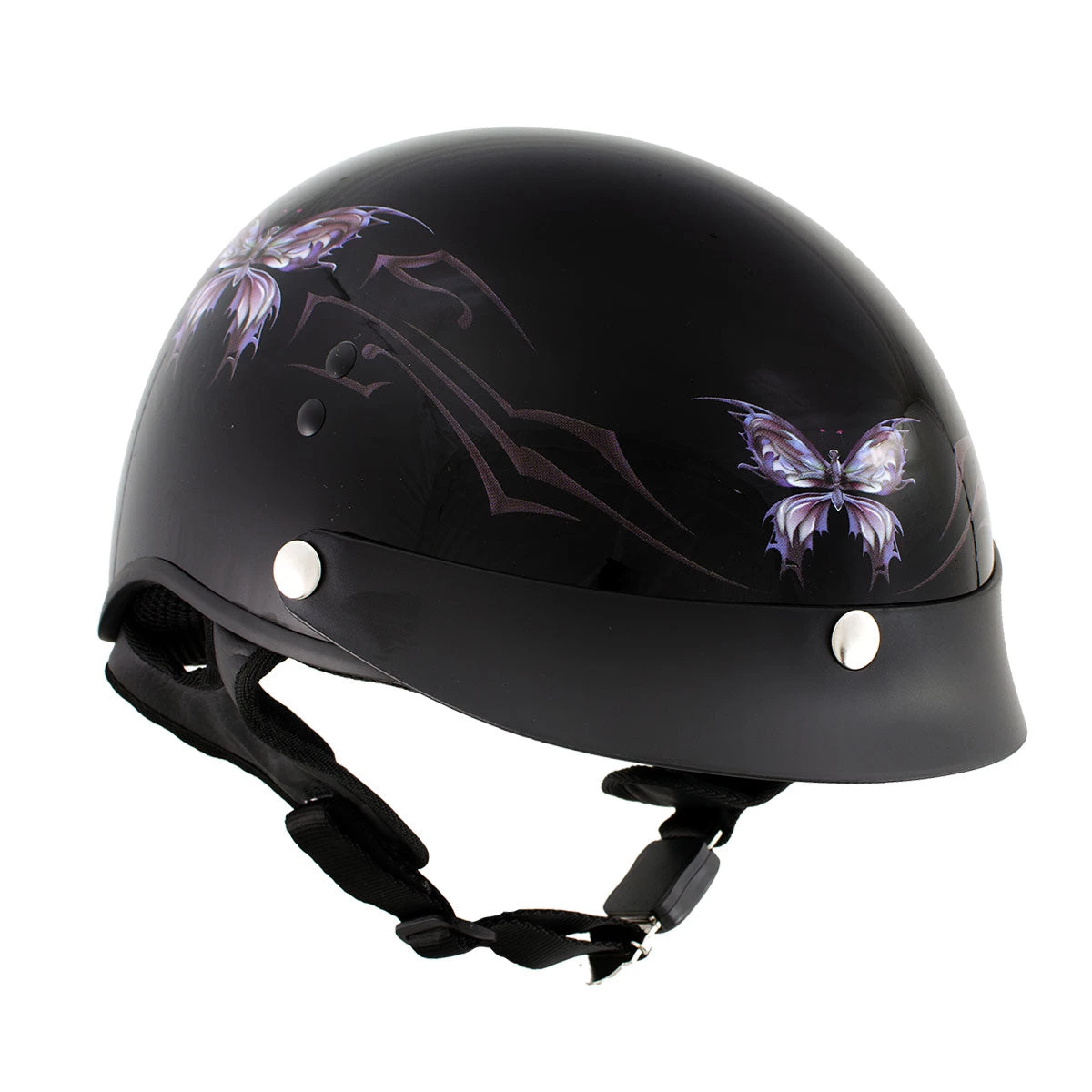 Outlaw Helmets Riding Gear Outlaw T70 'Purple Butterfly' Advanced DOT Glossy Black Motorcycle Half Helmet