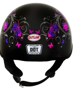 Outlaw Helmets Outlaw T-72 'Flowers And Pink Skull Butterflies' Half DOT Helmet With Drop Down Tinted Visor Riding Gear