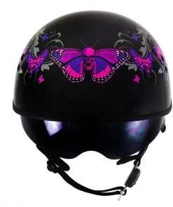 Outlaw Helmets Outlaw T-72'Flowers And Pink Skull Butterflies' Half DOT Helmet With Drop Down Tinted Visor Riding Gear