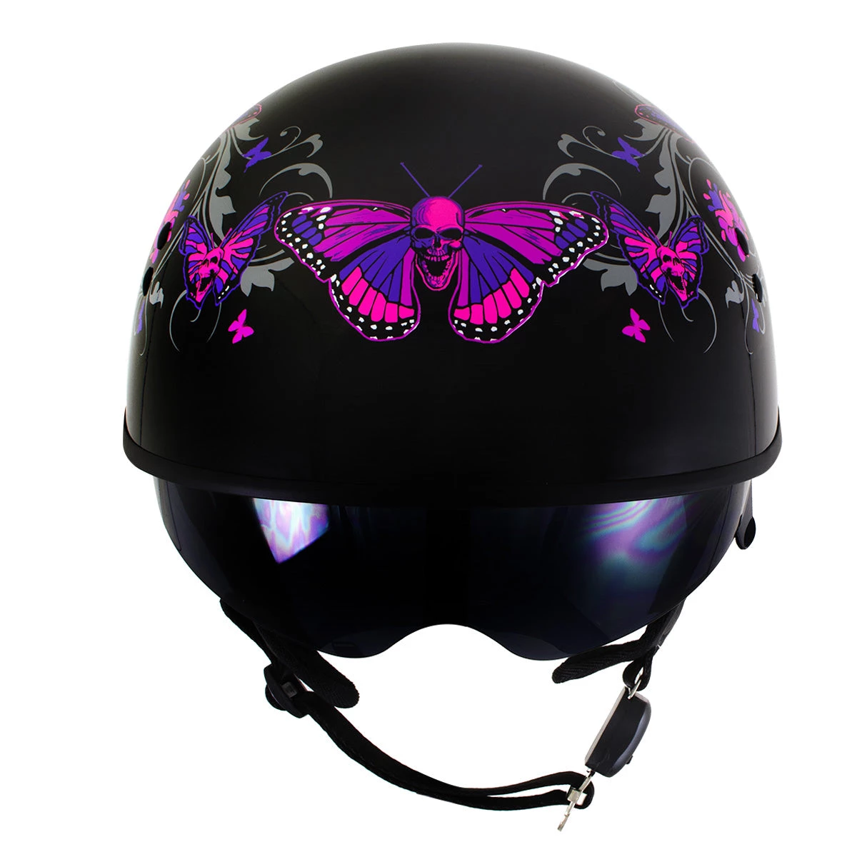 Hot Leathers T72 'Pink Butterflies' Gloss Black Advanced DOT Helmet With Drop Down Tinted Visor Riding Gear