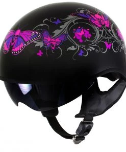 Hot Leathers T72 'Pink Butterflies' Gloss Black Advanced DOT Helmet With Drop Down Tinted Visor Riding Gear
