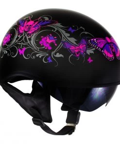 Hot Leathers T72'Pink Butterflies' Gloss Black Advanced DOT Helmet With Drop Down Tinted Visor Riding Gear