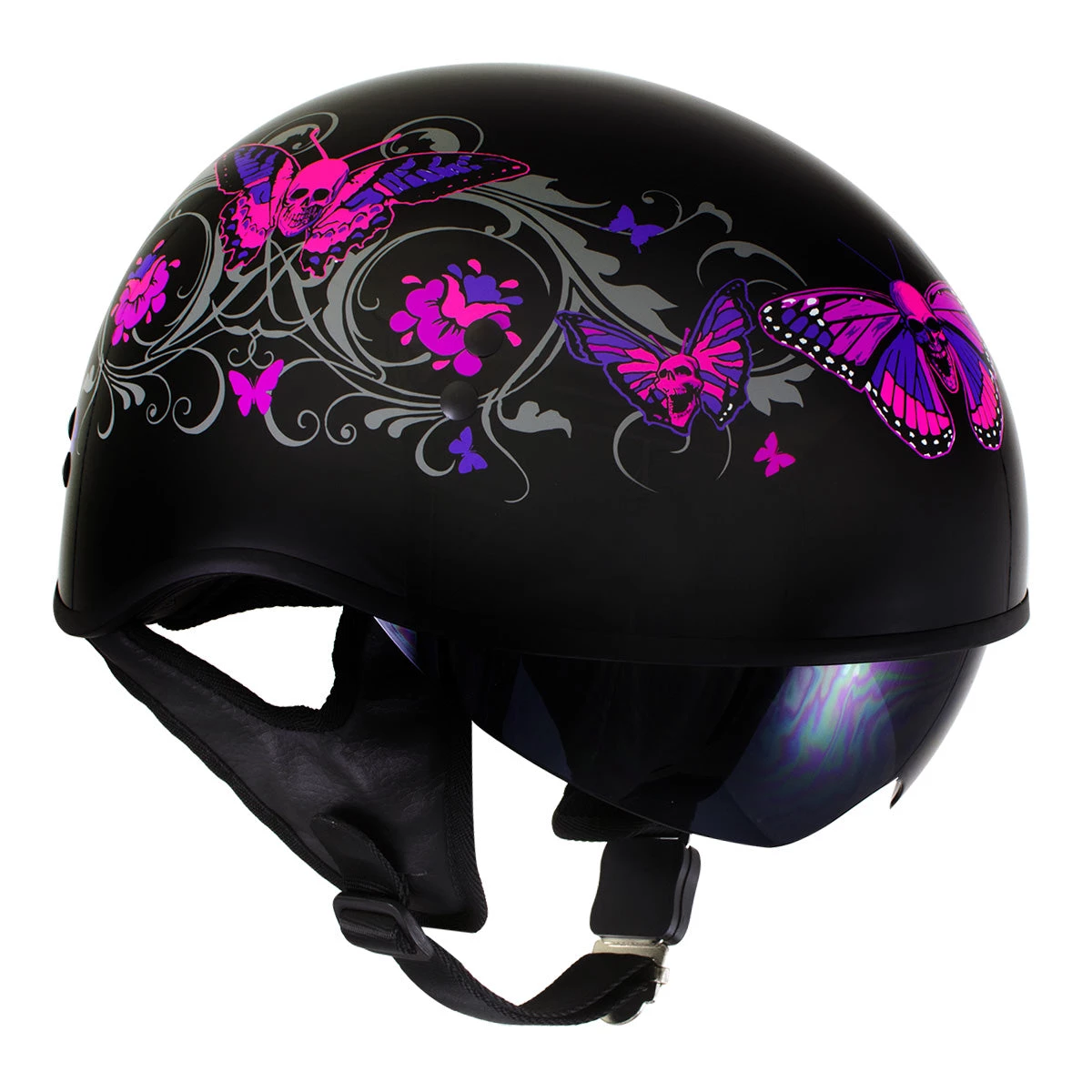 Hot Leathers T72 'Pink Butterflies' Gloss Black Advanced DOT Helmet With Drop Down Tinted Visor Riding Gear