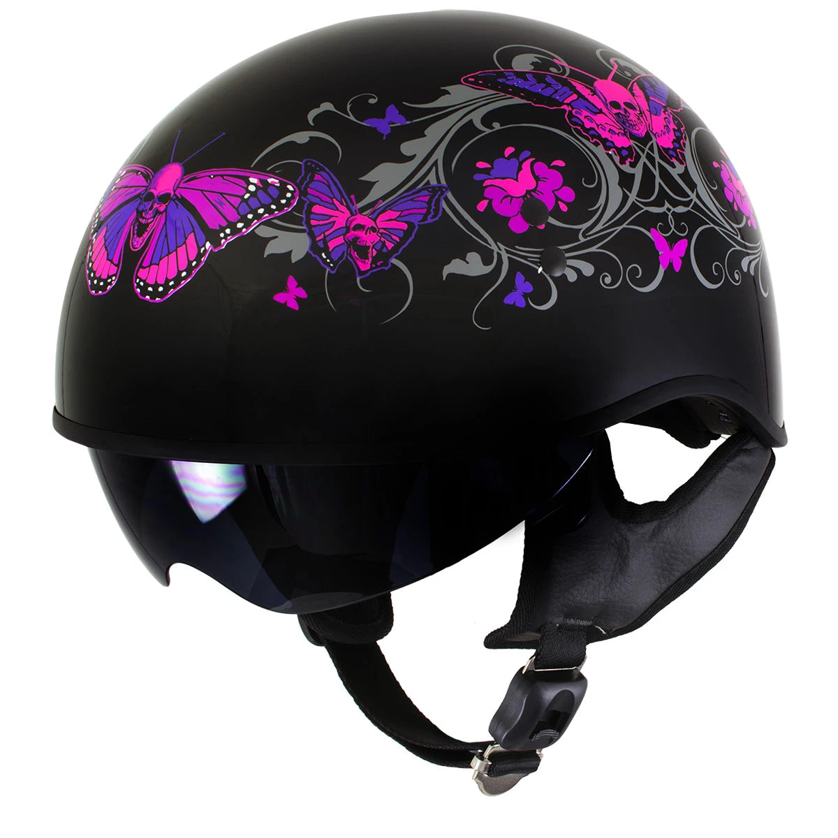 Hot Leathers T72 'Pink Butterflies' Gloss Black Advanced DOT Helmet With Drop Down Tinted Visor Riding Gear