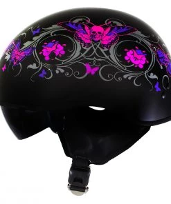 Outlaw Helmets Outlaw T-72'Flowers And Pink Skull Butterflies' Half DOT Helmet With Drop Down Tinted Visor Riding Gear