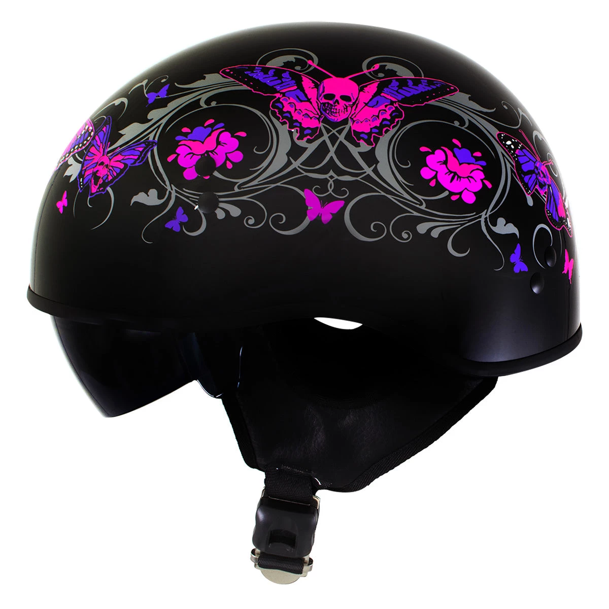 Hot Leathers T72 'Pink Butterflies' Gloss Black Advanced DOT Helmet With Drop Down Tinted Visor Riding Gear