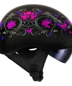 Outlaw Helmets Outlaw T-72'Flowers And Pink Skull Butterflies' Half DOT Helmet With Drop Down Tinted Visor Riding Gear