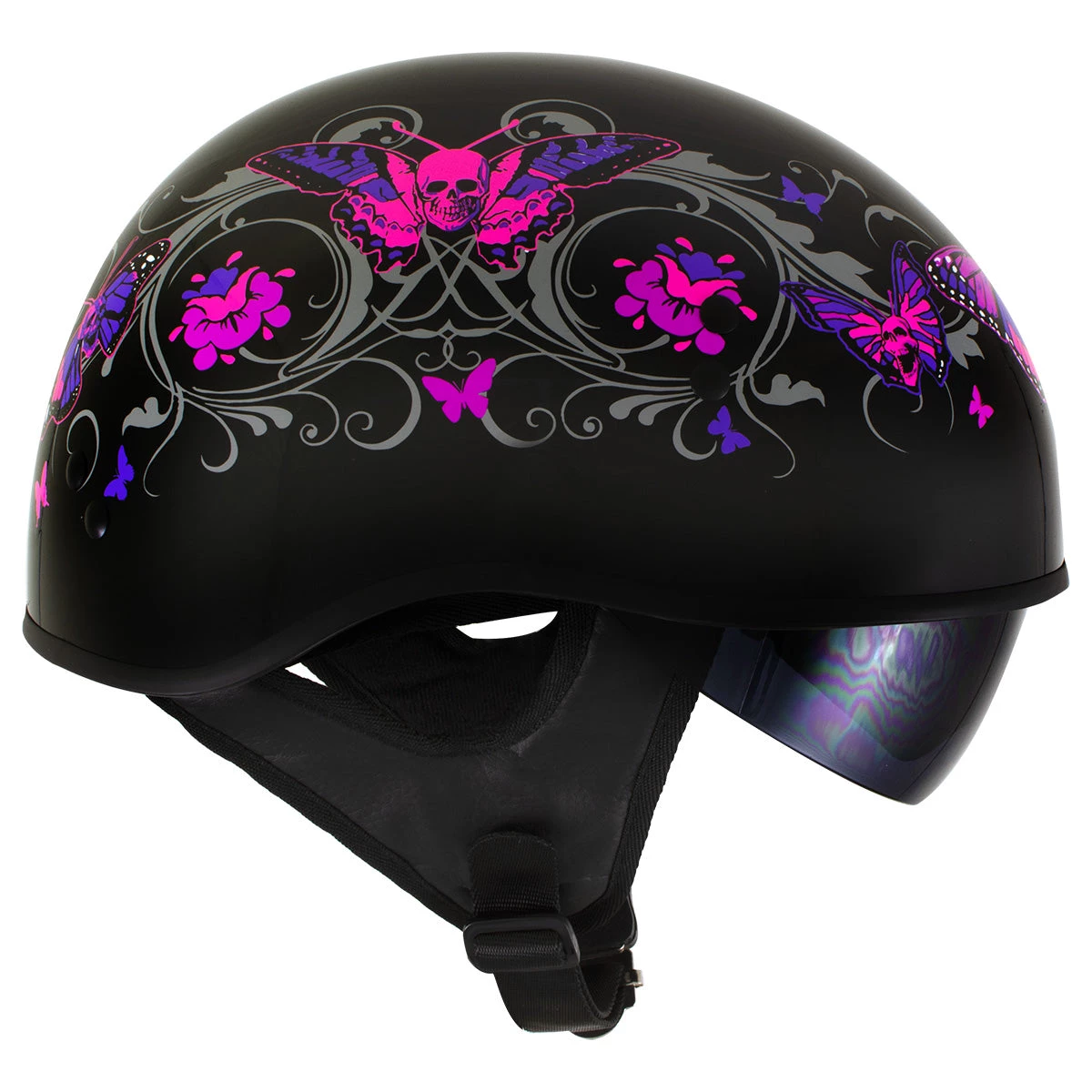 Hot Leathers T72 'Pink Butterflies' Gloss Black Advanced DOT Helmet With Drop Down Tinted Visor Riding Gear