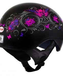 Hot Leathers T72'Pink Butterflies' Gloss Black Advanced DOT Helmet With Drop Down Tinted Visor Riding Gear
