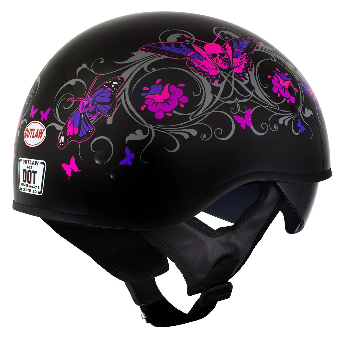 Hot Leathers T72 'Pink Butterflies' Gloss Black Advanced DOT Helmet With Drop Down Tinted Visor Riding Gear