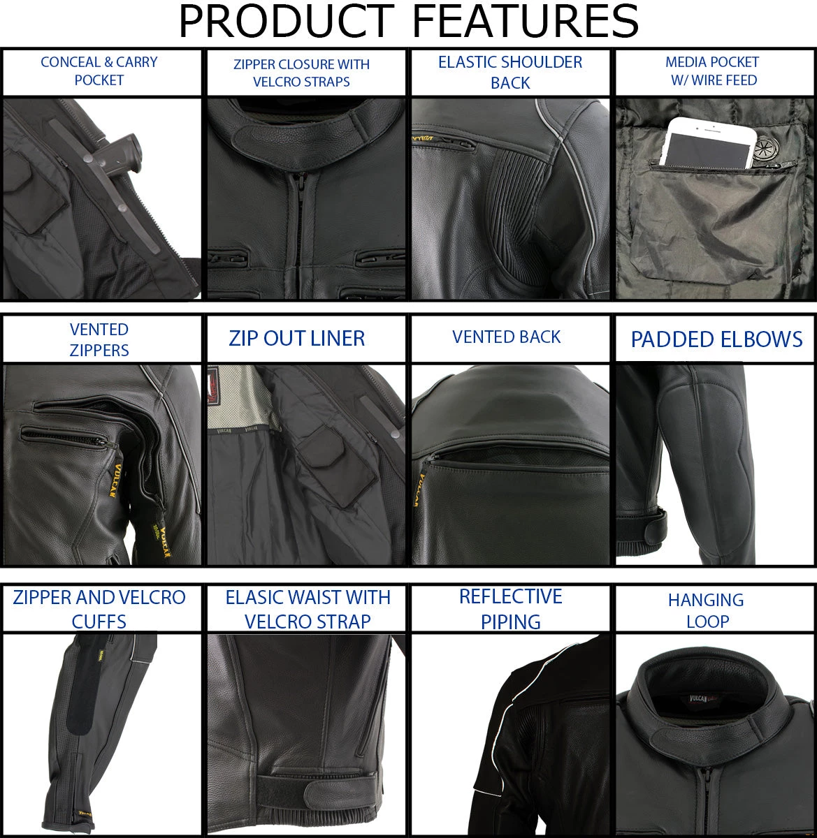 Leather Motorcycle Jackets Vulcan VNE98431 Men's 'Ace' Black Leather Armored Motorcycle Jacket