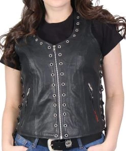 Hot Leathers VSL1009 Ladies Black Lambskin Vest With Grommet Accents Motorcycle Vests