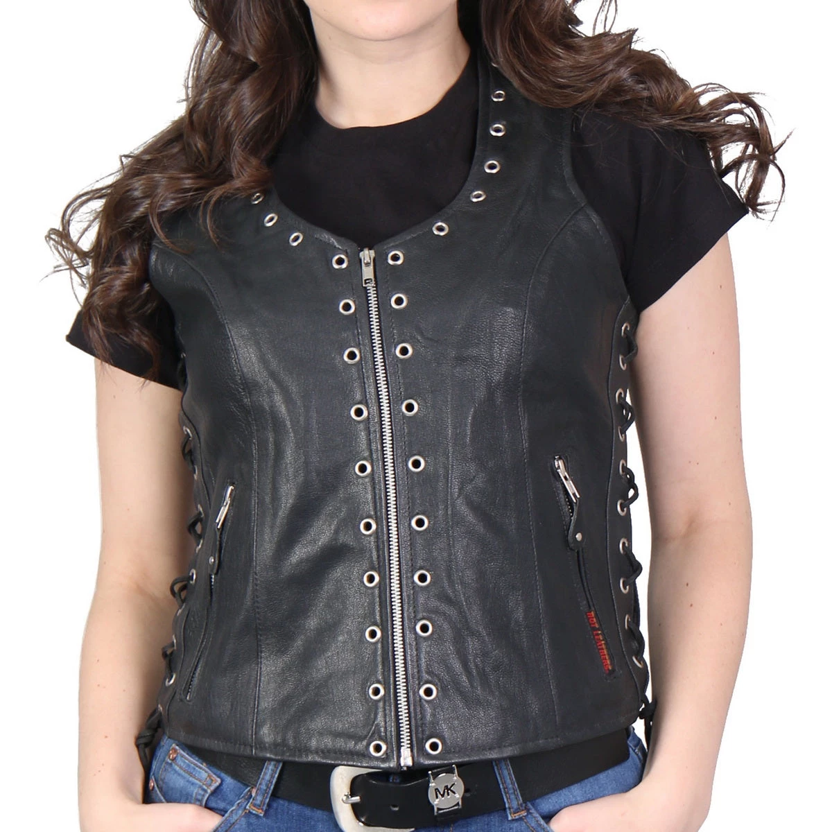 Hot Leathers VSL1009 Ladies Black Lambskin Vest With Grommet Accents Motorcycle Vests