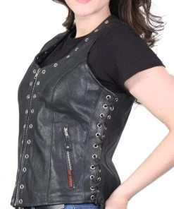 Hot Leathers VSL1009 Ladies Black Lambskin Vest With Grommet Accents Motorcycle Vests