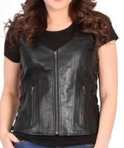 Motorcycle Vests Hot Leathers VSL1010 Ladies Black Lambskin Side Lace Vest