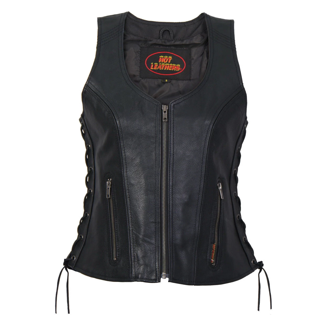 Motorcycle Vests Hot Leathers VSL1013 Ladies Black Leather Side Lace Zip-Up Vest