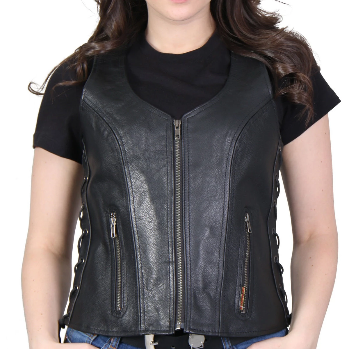 Motorcycle Vests Hot Leathers VSL1013 Ladies Black Leather Side Lace Zip-Up Vest