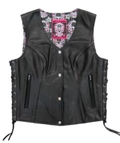 Motorcycle Vests Hot Leathers VSL1017 Ladies'Sugar Skull' Lined Black Leather MC Vest