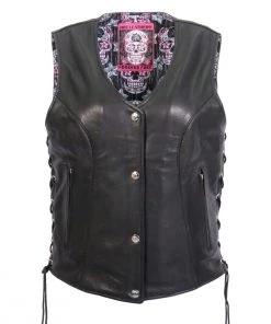 Motorcycle Vests Hot Leathers VSL1017 Ladies 'Sugar Skull' Lined Black Leather MC Vest