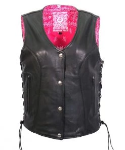 Hot Leathers VSL1018 Ladies 'Pink Paisley' Lined Black Leather MC Vest Motorcycle Vests