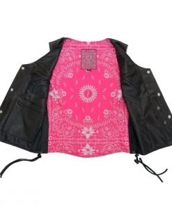 Hot Leathers VSL1018 Ladies 'Pink Paisley' Lined Black Leather MC Vest Motorcycle Vests