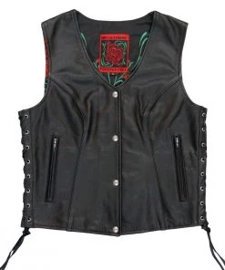 Motorcycle Vests Hot Leathers VSL1019 Ladies'Red Rose' Lined Black Leather MC Vest
