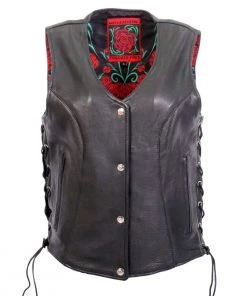 Motorcycle Vests Hot Leathers VSL1019 Ladies 'Red Rose' Lined Black Leather MC Vest