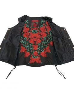 Motorcycle Vests Hot Leathers VSL1019 Ladies 'Red Rose' Lined Black Leather MC Vest