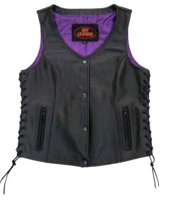 Hot Leathers VSL2001 Ladies Black 'Fleur De Lis Cross' Leather Vest Motorcycle Vests