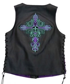 Hot Leathers VSL2001 Ladies Black 'Fleur De Lis Cross' Leather Vest Motorcycle Vests
