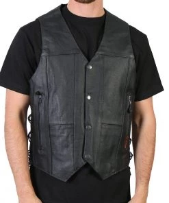 Motorcycle Vests Hot Leathers VSM1017 Men's Black '10 Pocket' Leather Vest With Side Laces