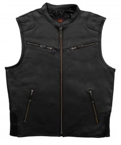 Hot Leathers VSM1037 Men's Black 'Zipper Pockets' Concealed And Carry Leather Vest