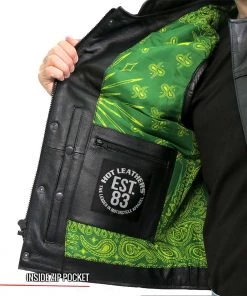 Motorcycle Vests Hot Leathers VSM1050 Men’s Black'Paisley Green' Conceal And Carry Leather Vest