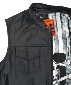 Motorcycle Vests Hot Leathers VSM1054 Men’s Black'Skull Flag' Conceal And Carry Leather Vest